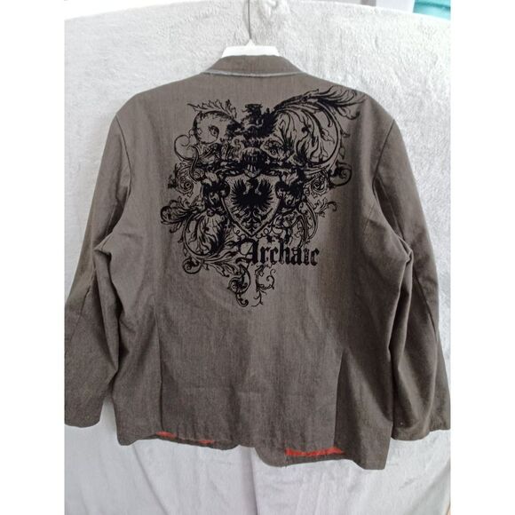 Archaic XL Sport Coat Goth Grunge Wings Crest Emo Y2K Mens Gray‎ Velour Brown